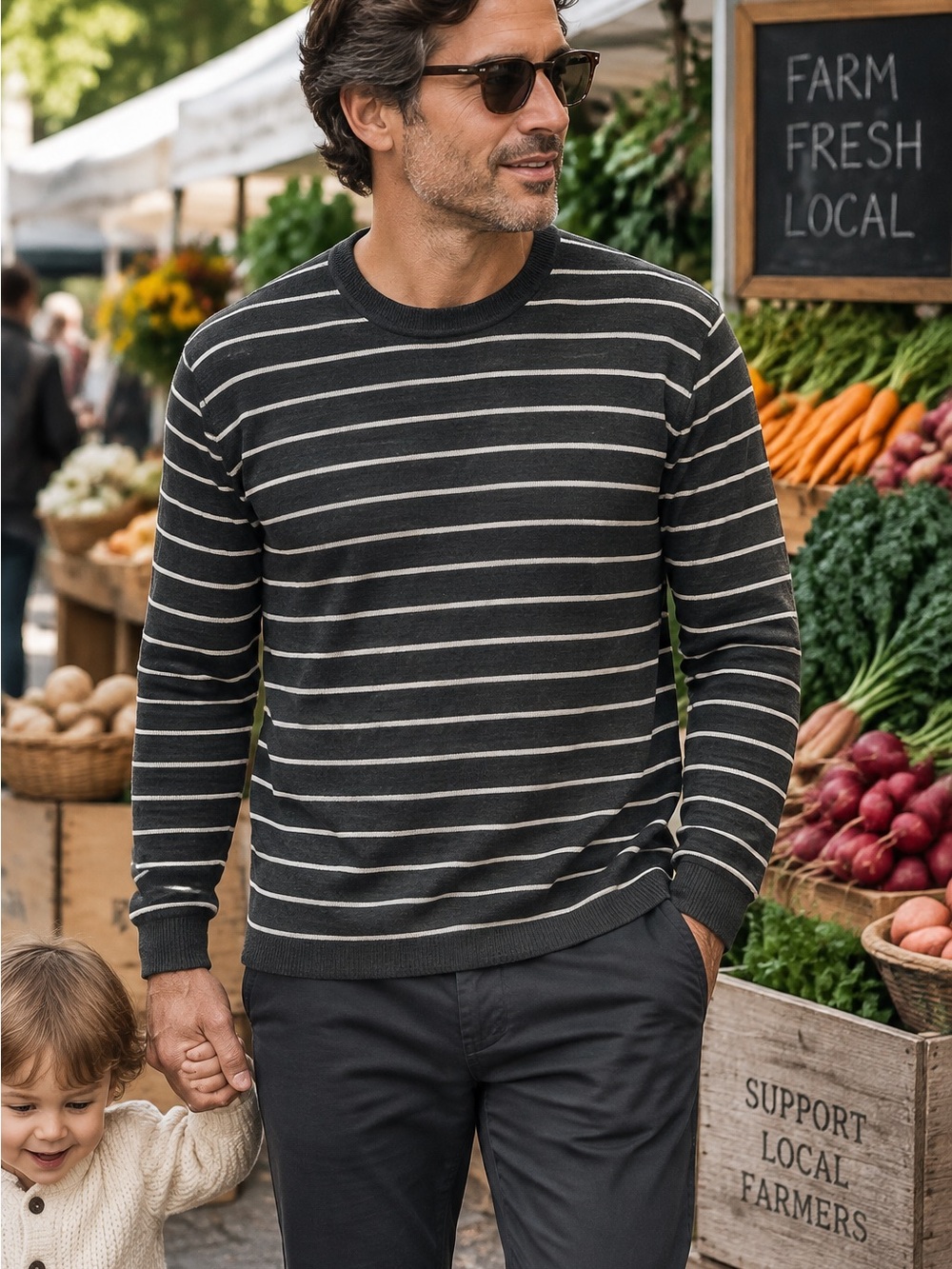 THEORY Men's 100% Merino Charcoal Striped Nautical Quiet Luxury Crewneck, L